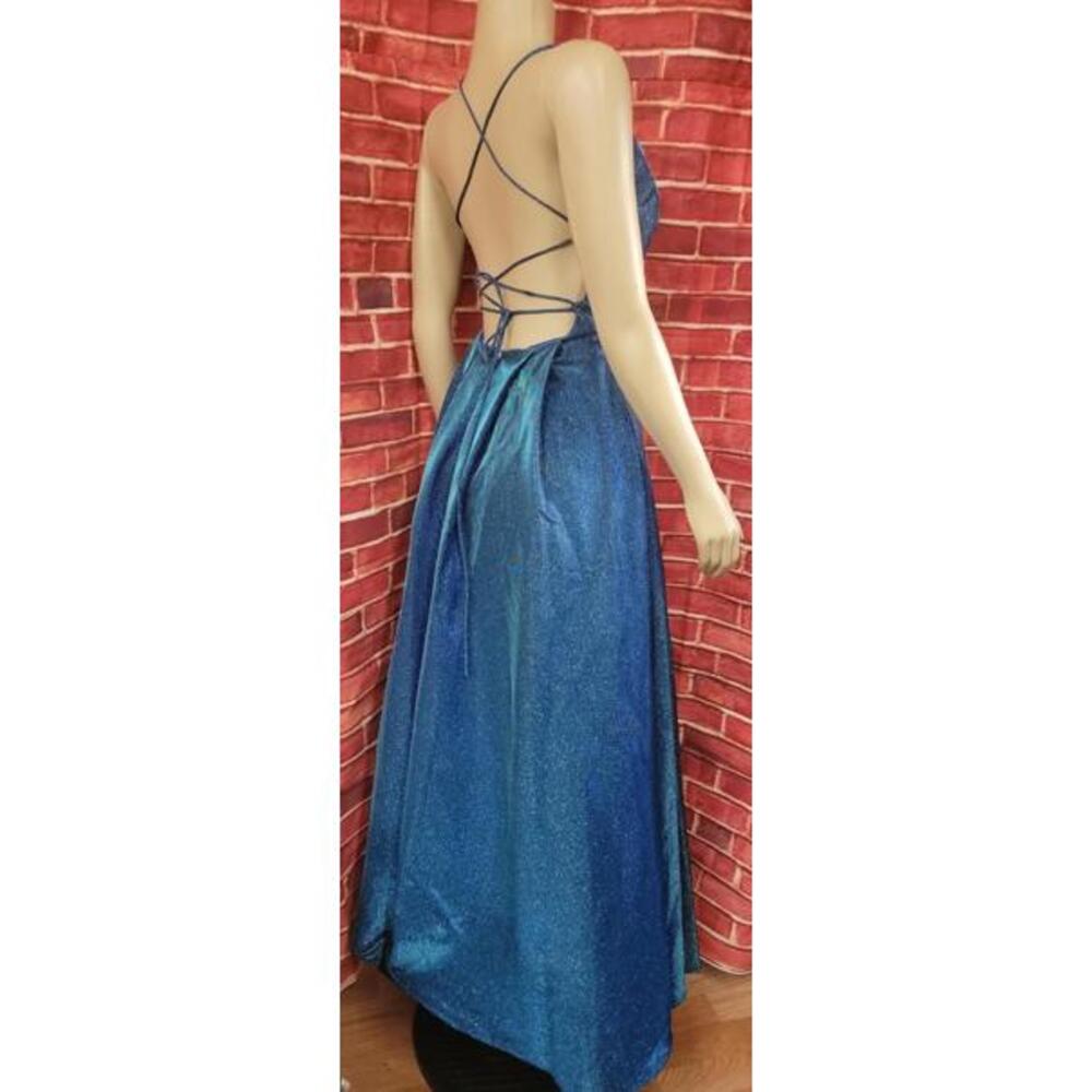 EUREKA - METALLIC BLUE WOMEN'S BALLGOWN SCOOP NECKLINE SIDE SLIT XS  #03 - Picture 5 of 10